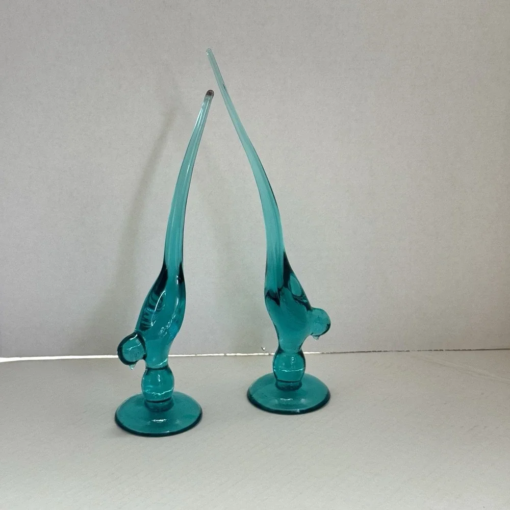 Lot Of 2 Vintage Long Tail Birds Turquoise Glass 9 3/4